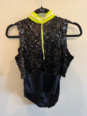 Weissman Black Sequin Bodysuit with Neon Yellow Mock Neck